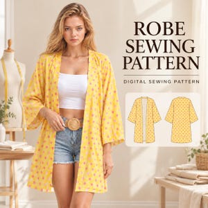 May include: A digital sewing pattern for a robe, featuring text that reads ROBE SEWING PATTERN and DIGITAL SEWING PATTERN. The image displays a yellow robe with pink polka dots, shown on a person and in a flat technical line drawing.