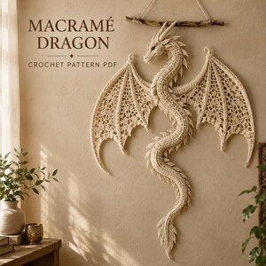 Macrame Dragon Wall Hanging Crochet Pattern PDF, Fantasy Fiber Art Tutorial
