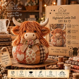 May include: A Highland Cattle Doll DIY kit by Petite.Room featuring a plush, round, orange-furred cow with horns, a burlap bow, and a floral-patterned body. The cardboard box displays the product name, icons, and text: Sew, Create, Imagine, A Kinder World.
