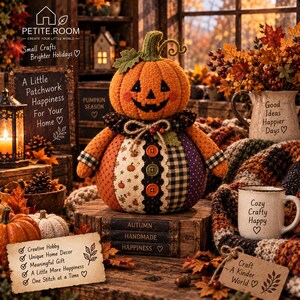 Pumpkin Doll DIY Kit, Patchwork Sewing Kit, Halloween Pumpkin Craft Kit, Fabric Pumpkin Doll, Fall Sewing Project, Autumn Craft Gift
