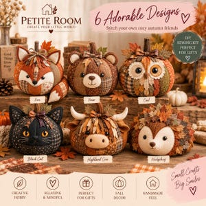 May include: A set of six fabric pumpkin-shaped plushies featuring animal designs including a fox, bear, owl, black cat, highland cow, and hedgehog. Each plush is decorated with autumn-coloured fabric patches, felt facial features, and faux leaves.