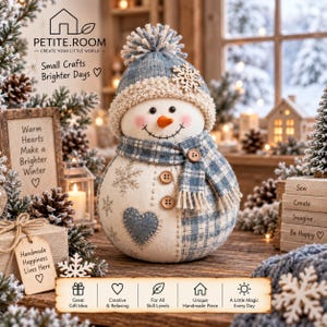 May include: A plush snowman figurine wearing a blue and white knit hat with a pom-pom and a matching plaid scarf. The snowman features a stitched heart, wooden buttons, and an orange nose. Text includes PETITE.ROOM, Small Crafts Brighter Days.