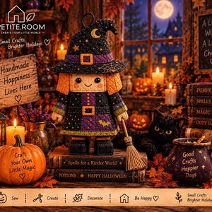 May include: A quilted fabric witch doll wearing a black and purple hat and dress with star and bat patterns, holding a small broom. The doll stands on two stacked books titled Spells for a Kinder World and Potions Happy Halloween.