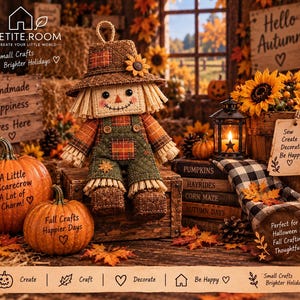 May include: A plush scarecrow doll wearing a brown hat with a sunflower, a plaid shirt, and green overalls. The doll sits on a wooden crate surrounded by pumpkins, a black lantern, sunflowers, and wooden signs with text including Hello Autumn.