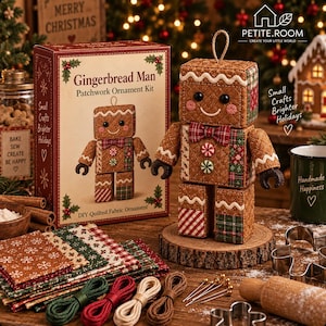 May include: A Gingerbread Man patchwork ornament kit box featuring a quilted fabric gingerbread figure with a bow tie, buttons, and stitched details. Includes fabric squares, thread, and pins to create the quilted fabric ornament.