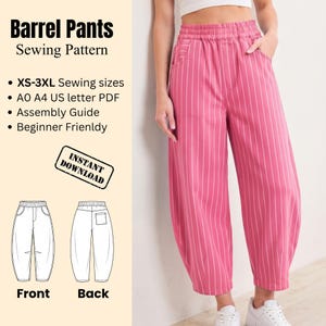 May include: Barrel Pants sewing pattern featuring pink trousers with white vertical stripes, an elastic waistband, and side pockets. Includes text: Barrel Pants Sewing Pattern, XS-3XL Sewing sizes, A0 A4 US letter PDF, Assembly Guide, Beginner Friendly, INSTANT DOWNLOAD.