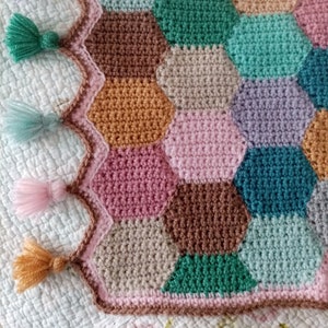 Może przedstawiać: Koc wykonany na szydełku z sześciokątnym wzorem w odcieniach różowego, brązowego, zielonego i niebieskiego. Koc ma brązową, szydełkową obwódkę z frędzlami wzdłuż krawędzi.