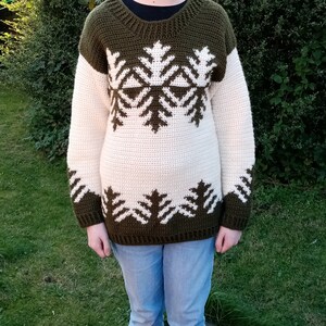 May include: A crocheted sweater with a snowflake design in green and white. The sweater has long sleeves and a crew neck.