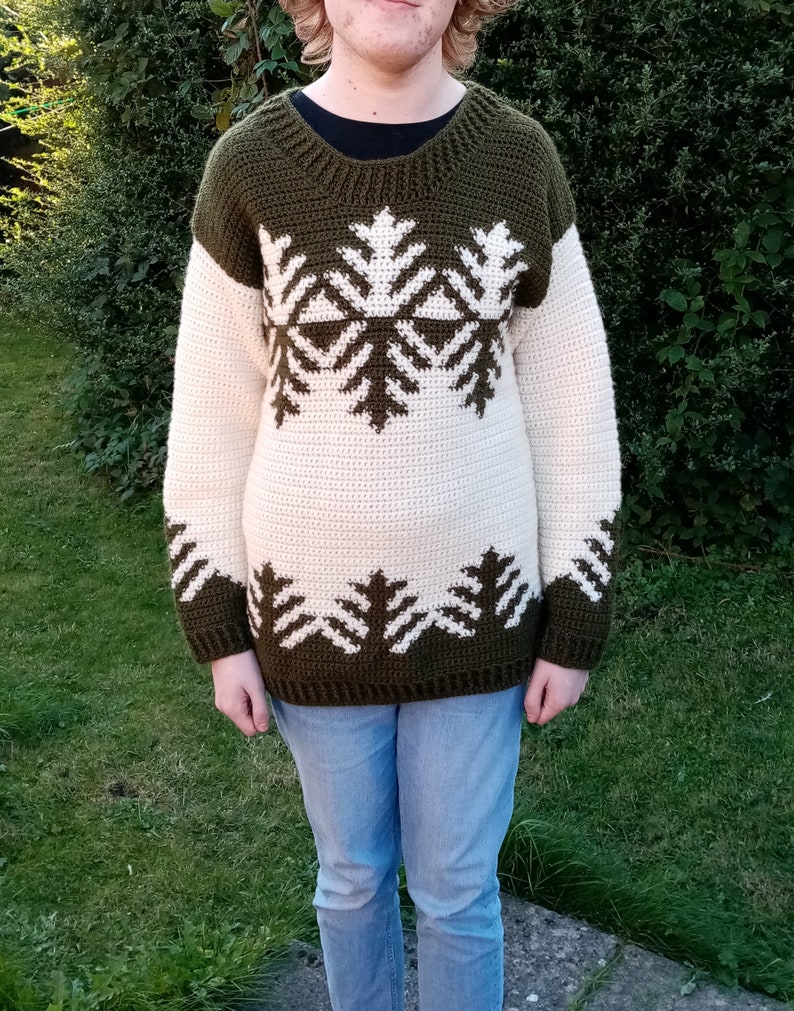 May include: A crocheted sweater with a snowflake design in green and white. The sweater has long sleeves and a crew neck.