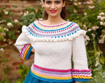 Cheshire Cat Sweater PDf Crochet Pattern Ruffled Yoke Stripe Crochet Jumper with frills