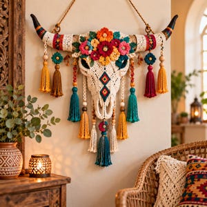May include: A wall-hanging macrame bull skull decoration featuring cream-colored cord, vibrant multi-colored fabric flowers, and dangling tassels in shades of teal, yellow, and magenta. The horns are wrapped in patterned fabric and cord.