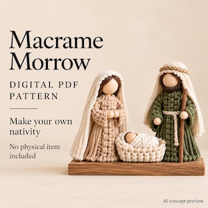 May include: A macrame nativity set featuring three figures with wooden bead heads on a wooden base. Text reads: Macrame Morrow, DIGITAL PDF PATTERN, Make your own nativity, No physical item included, and AI concept preview.