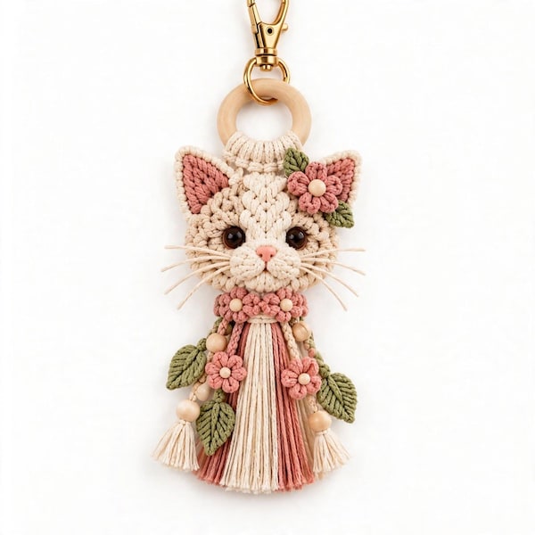 Handmade Macrame Kitten Keychain – Boho Floral Cat Charm (2.5" W x 6" L)