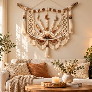 Può includere: Un grande arazzo in macramè appeso a un pezzo di legno galleggiante, caratterizzato da motivi a corda annodata color crema, beige e marrone, tre ciondoli a mezzaluna e lunghe frange con perline di legno su entrambi i lati dell'oggetto.