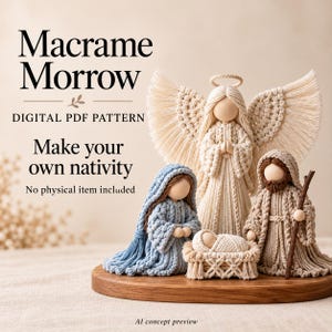 May include: A digital PDF pattern titled Macrame Morrow featuring a nativity scene made of macrame cord. The set includes a central angel with wings and a halo, a figure in a blue robe, a figure in a beige robe with a staff, and a baby in a cradle.