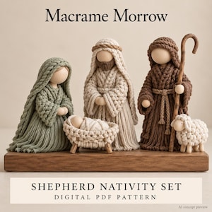 May include: A macrame nativity set featuring three figures with smooth wooden heads, including a sage green figure, a cream figure with a beard, and a brown figure holding a wooden staff. A small macrame cradle with a baby and a white sheep are included.
