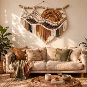 May include: A large macrame wall hanging suspended from a piece of driftwood, featuring a sunburst design in mustard yellow, cream, and dark blue cotton cord with intricate knotting, fringe, and wooden beads arranged in a layered wave pattern.