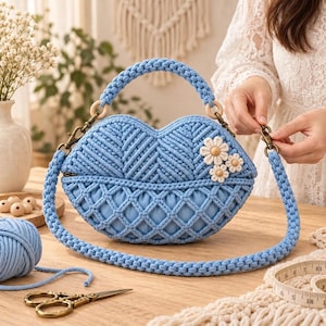 May include: A light blue macrame handbag shaped like lips, featuring a braided handle, a detachable shoulder strap with bronze-toned metal clasps, and three small white daisy-like flower embellishments on the front right side.