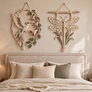 Hand-Knotted Macrame Hummingbird & Dragonfly Wall Hangings, Botanical Boho Fiber Art