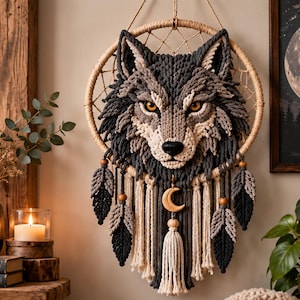 May include: A macrame wall hanging featuring a detailed wolf head in shades of charcoal, gray, and cream, centered within a circular hoop. The design includes hanging feathers, wooden beads, and a central crescent moon charm with a long tassel.