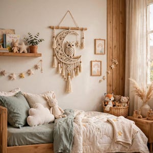 May include: A macrame wall hanging featuring a crescent moon shape with a central owl figure, suspended from a wooden dowel. The piece is crafted from cream-colored cord and includes decorative tassels, wooden beads, and a small star accent.
