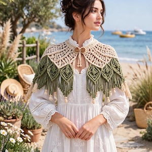 Handmade Macrame Leaf Cape – Sage Green Boho Festival Shawl (Wooden Buttons)