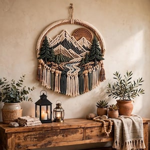 May include: A circular macrame wall hanging featuring a landscape design with mountains, a river, and pine trees in shades of cream, dark green, and brown. The piece is framed by a thick rope circle and finished with long, hanging fringe tassels.