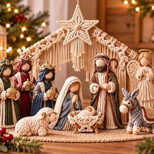 May include: A macrame nativity set featuring figures of Mary, Joseph, the infant in a cradle, three kings, an angel, and a sheep. The figures are crafted from cream, blue, green, and red cord. A large macrame star hangs above the scene.