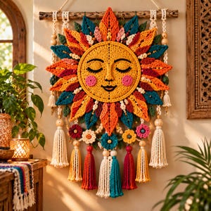 Schema PDF per arazzo all'uncinetto a forma di sole, decorazione murale in fibra in stile boho (download digitale)