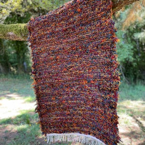 May include: A multi-colored woven rug with a white fringe. The rug is hanging from a tree branch.