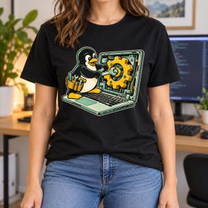 Linux Penguin T-Shirt, Laptop Tinkering Graphic Tee, Unisex Tech Shirt, Gift for Linux Users