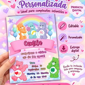 Machen Sie ihren Geburtstag mit dieser wunderschönen, personalisierten digitalen Einladung, die mit niedlichen Teddybären, Regenbögen und Wolken gestaltet ist, zu etwas ganz Besonderem.