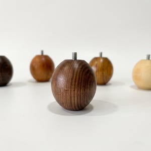 Op de afbeelding: Vijf bolvormige meubelpoten van hout in verschillende bruintinten, variërend van lichtbruin tot donker walnoot. Elke houten bol heeft een zichtbare houtnerf en een gecentreerde metalen draadbout die uit het bovenoppervlak steekt.