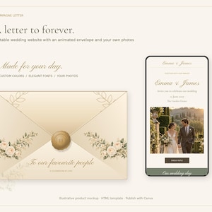 May include: An editable wedding website template featuring a champagne-colored envelope with floral accents and a wax seal, alongside a mobile phone display showing a wedding invitation with a photo of a couple and the text Emma & James.