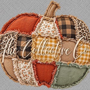 May include: A fabric pumpkin decoration featuring a patchwork design of various textiles including orange linen, brown buffalo plaid, leopard print, yellow gingham, and floral patterns with frayed edges and a burlap stem.