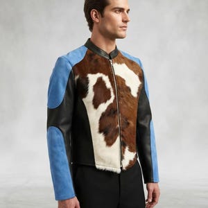 Men's Cowhide Leather Jacket, Hair-on Hide, Brown White Black Western Biker Style (XS-4XL)