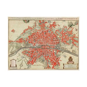 May include: An antique map titled Le Plan de Paris ses Faubourgs et ses Environs, featuring a cream background with red highlighted streets and blocks. The Seine River flows horizontally through the center, with decorative cartouches.