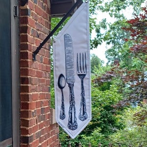 RESTAURANT OPEN flags * Super Silverware on black white or butcher canvas * double sided * heavy weight canvas * handmade pole & bracket