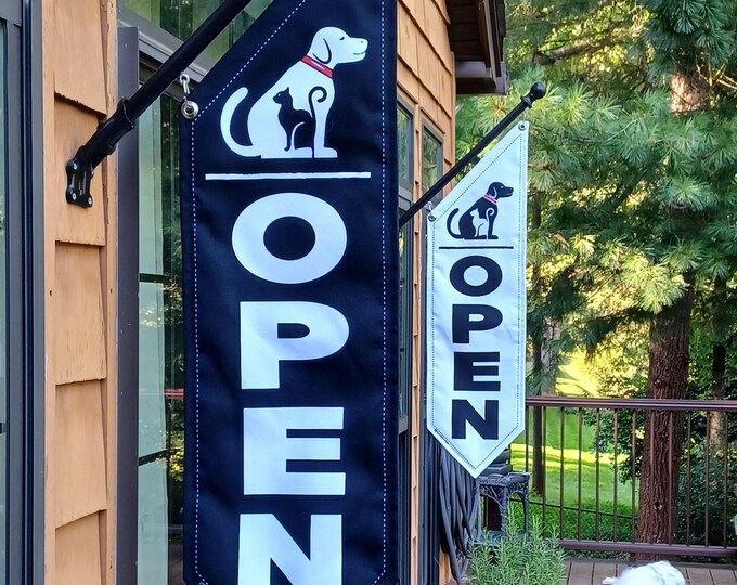 PETS OPEN FLAG * double sided * heavy weight canvas * handmade pole & bracket included *