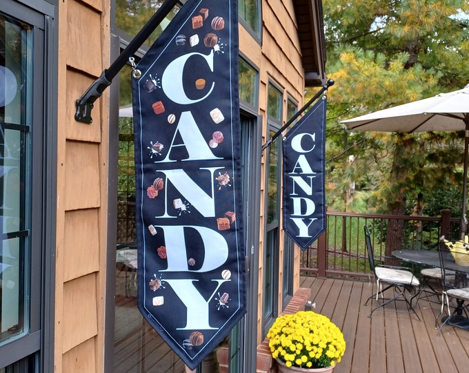 CANDY CANDY FLAG * double sided * heavy weight canvas * handmade pole & bracket * Candy * Chocolates *