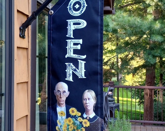 AMERICAN GOTHIC OPEN Flag with Sunflowers * double sided * heavy weight canvas * handmade pole & bracket *  printed on both sides