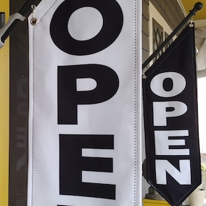 BASIC OPEN flag * double sided * heavy weight canvas * handmade pole & bracket *  printed on both sides * Black  OR   White