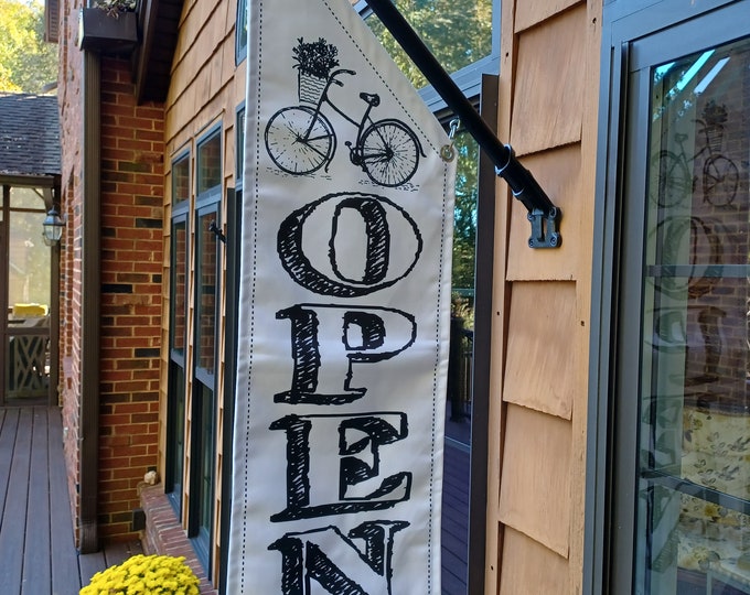 CHALKBOARD OPEN Flag with BICYCLE - double sided * Black and White * Heavy canvas * pole & bracket included *