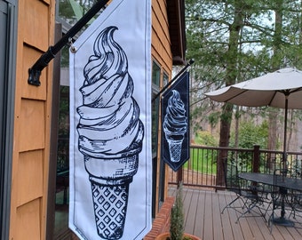 ICE CREAM OPEN flags * double sided heavy weight canvas * soft serve or scooped * black or white * painted wooden pole and hardware included