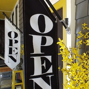 ELEGANT OPEN flag * double sided * heavy weight canvas * handmade pole & bracket *  black or white