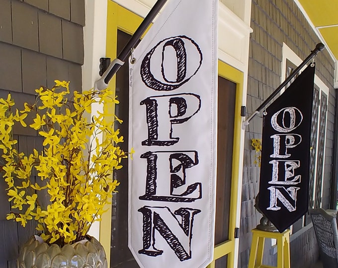 CHALKBOARD OPEN Flag - Black or White Canvas - double sided * outdoor canvas * pole & bracket included *