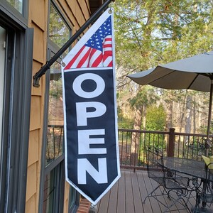 AMERICAN OPEN FLAG * Elegant font or Basic font * wooden pole & bracket included