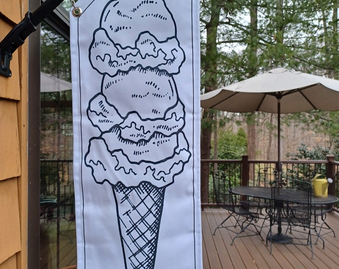 ICE CREAM OPEN flags * double sided heavy weight canvas * scooped * black or white * painted wooden pole and hardware included