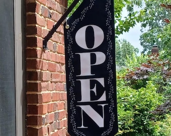 ELEGANT OPEN with VINE flag * double sided * heavy weight canvas * handmade pole & bracket included