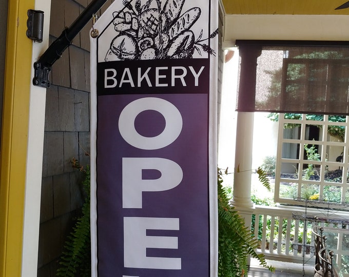 BAKERY OPEN FLAG * double sided * heavy weight canvas * handmade pole & bracket included * bread * bakery *